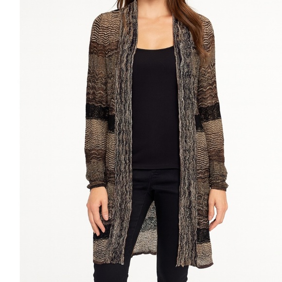 Chico’s cardigan Brown & Gold Cable Knit Cardigan open front below the knee - Picture 1 of 9